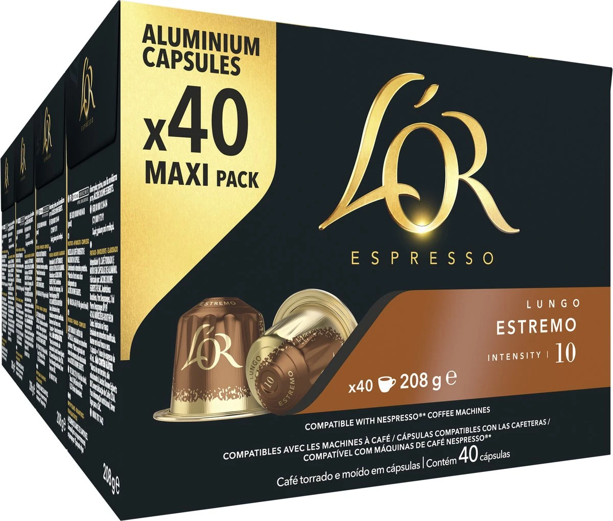 L'OR Lungo Estremo Koffiecups - Intensiteit 10/12 - 4 X 40 Capsules 3 L'OR Lungo Estremo Koffiecups - Intensiteit 10/12 - 4 X 40 Capsules