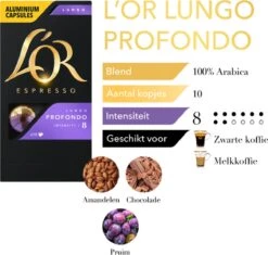 L'OR Lungo Profondo Koffiecups - Intensiteit 8/12 - 10 X 10 Capsules -Beroemde Koffie Winkel 1200x1140