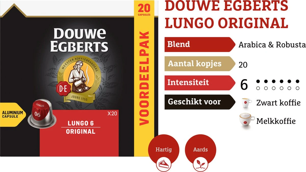 Douwe Egberts Lungo Original Koffiecups - Intensiteit 6/12 - 10 X 20 Capsules 6 Douwe Egberts Lungo Original Koffiecups - Intensiteit 6/12 - 10 X 20 Capsules - Afbeelding 4