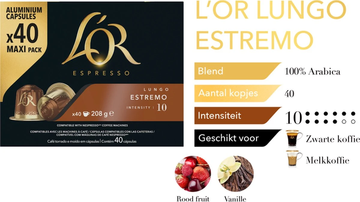 L'OR Lungo Estremo Koffiecups - Intensiteit 10/12 - 4 X 40 Capsules 6 L'OR Lungo Estremo Koffiecups - Intensiteit 10/12 - 4 X 40 Capsules - Afbeelding 4